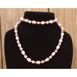 Vintage Czech Pink White Molded Swirled Art Glass Cats Eye 34" Beaded Necklace
